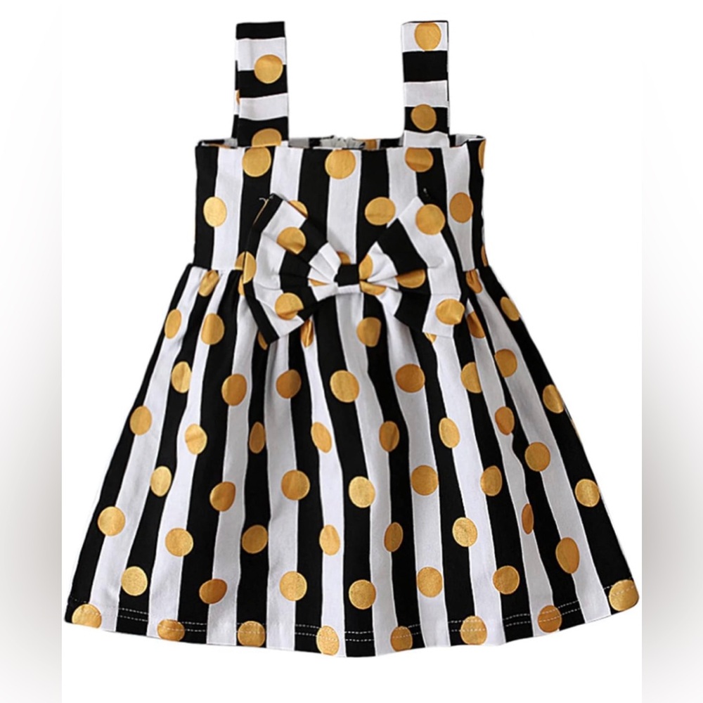 Rorychen Girls Black White Stripe Gold Polka Dot Dress Sz 80 6-12mos Bow